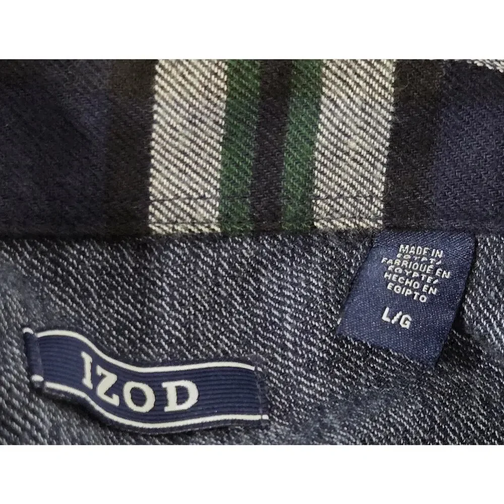 Izod Blue Gray Plaid Flannel Button Up Men's Shirt L Lightweight Long Sleeves